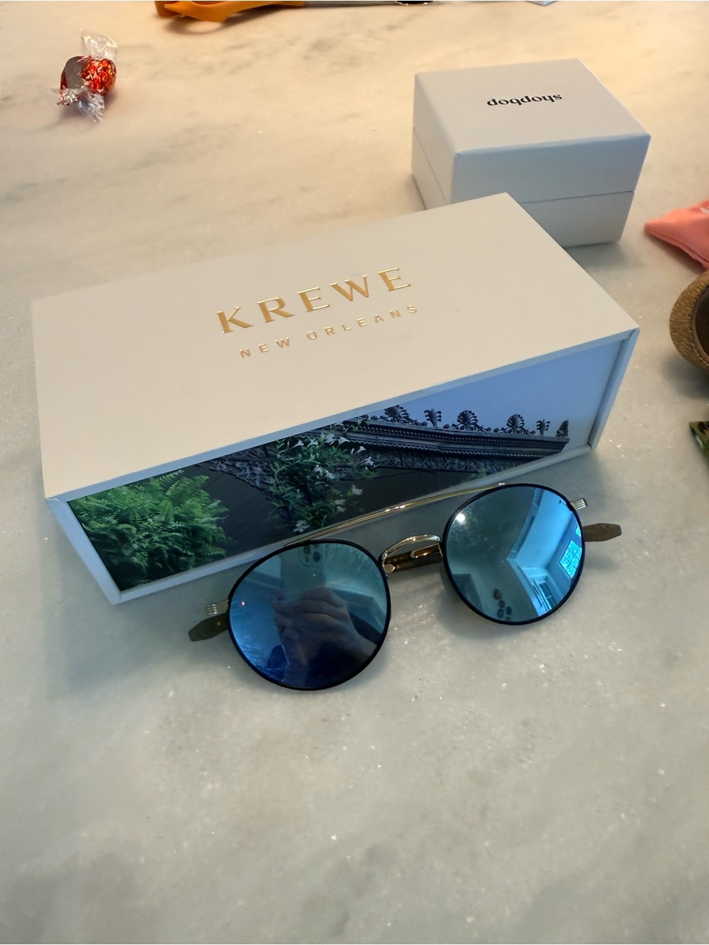 KREWE Men's Blue Mirrored Round Sunglasses with Gold Frame